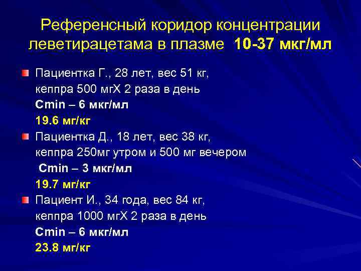 Референсный коридор концентрации леветирацетама в плазме 10 -37 мкг/мл Пациентка Г. , 28 лет,