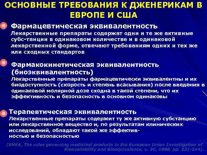 ОСНОВНЫЕ ТРЕБОВАНИЯ К ДЖЕНЕРИКАМ В ЕВРОПЕ И США Фармацевтическая эквивалентность Лекарственные препараты содержат одни