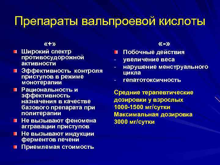 Препараты вальпроевой кислоты «-» «+» Широкий спектр противосудорожной активности Эффективность контроля приступов в режиме