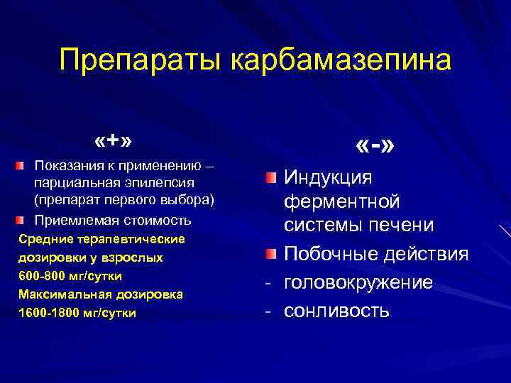 Препараты карбамазепина «+» Показания к применению – парциальная эпилепсия (препарат первого выбора) Приемлемая стоимость