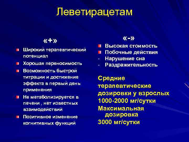 Леветирацетам «-» «+» Широкий терапевтический потенциал Хорошая переносимость Возможность быстрой титрации и достижение эффекта