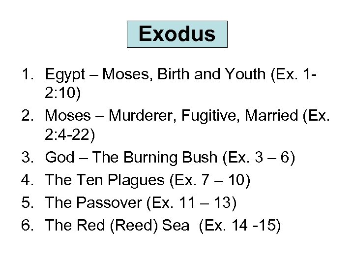 Exodus 1. Egypt – Moses, Birth and Youth (Ex. 12: 10) 2. Moses –