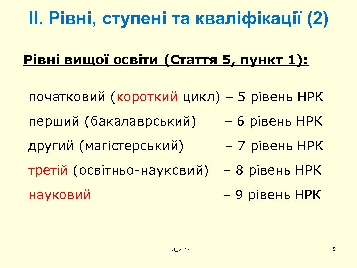 ІІ. Рівні, ступені та кваліфікації (2) Рівні вищої освіти (Стаття 5, пункт 1): початковий