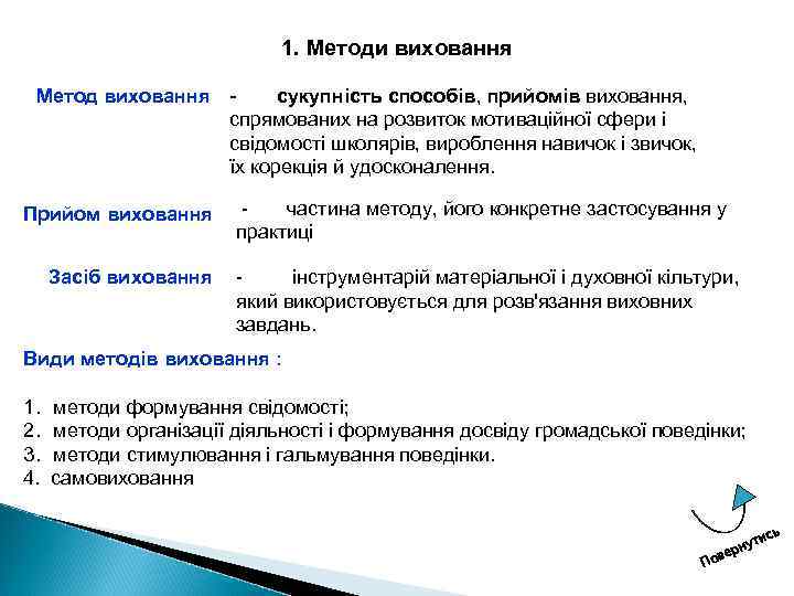 1. Методи виховання Метод виховання Прийом виховання Засіб виховання сукупність способів, прийомів виховання, спрямованих