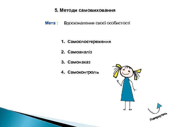 5. Методи самовиховання Мета : Вдосконалення своєї особистості 1. Самоспостереження 2. Самоаналіз 3. Самонаказ