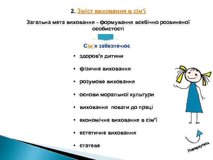 2. Зміст виховання в сім'ї Загальна мета виховання - формування всебічно розвиненої особистості Сім‘я