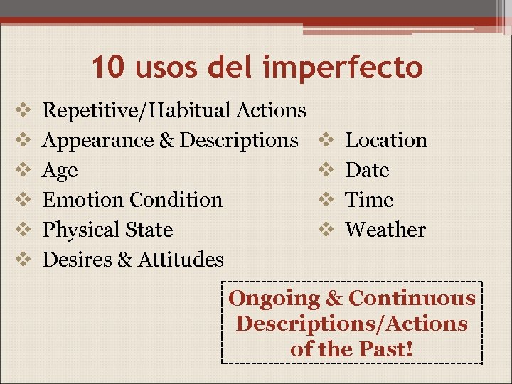 10 usos del imperfecto v v v Repetitive/Habitual Actions Appearance & Descriptions Age Emotion