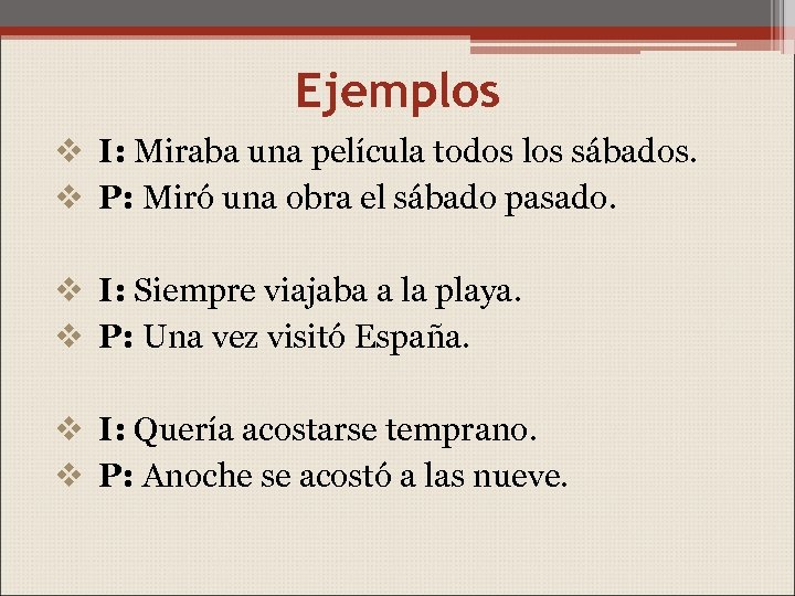 Ejemplos v I: Miraba una película todos los sábados. v P: Miró una obra