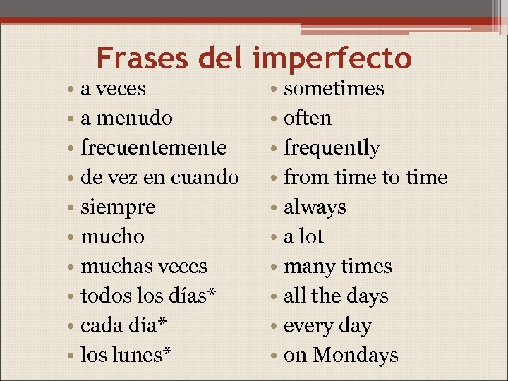 Frases del imperfecto • a veces • a menudo • frecuentemente • de vez