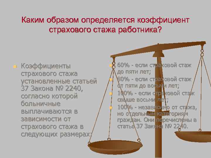 Каким образом определяется коэффициент страхового стажа работника? n Коэффициенты страхового стажа установленные статьей 37