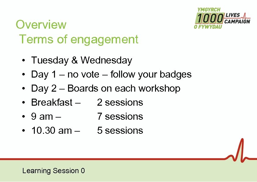 Overview Terms of engagement • • • Tuesday & Wednesday Day 1 – no