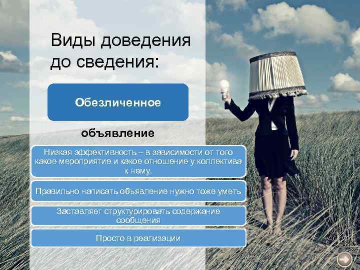 Виды доведения до сведения: Обезличенное объявление Низкая эффективность – в зависимости от того какое