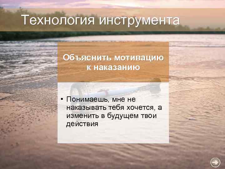 Технология инструмента Объяснить мотивацию к наказанию • Понимаешь, мне не наказывать тебя хочется, а