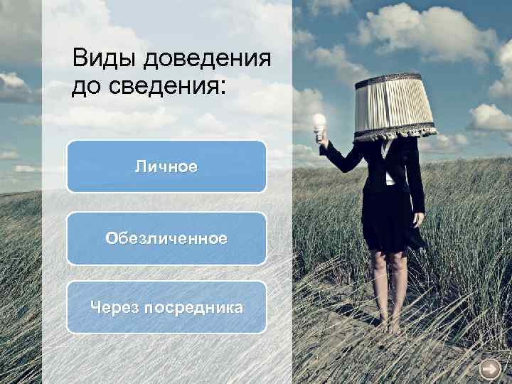 Виды доведения до сведения: Личное Обезличенное Через посредника 