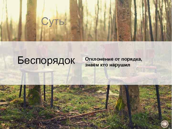Суть: Беспорядок Отклонение от порядка, знаем кто нарушил 