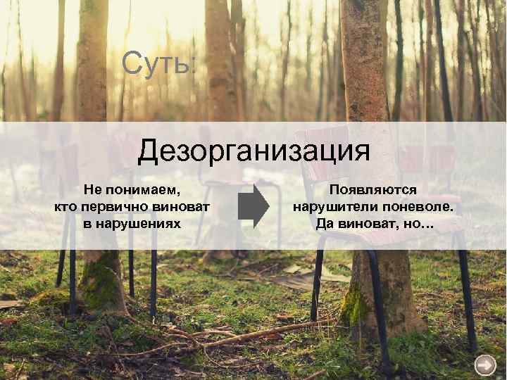 Суть: Дезорганизация Не понимаем, кто первично виноват в нарушениях Появляются нарушители поневоле. Да виноват,