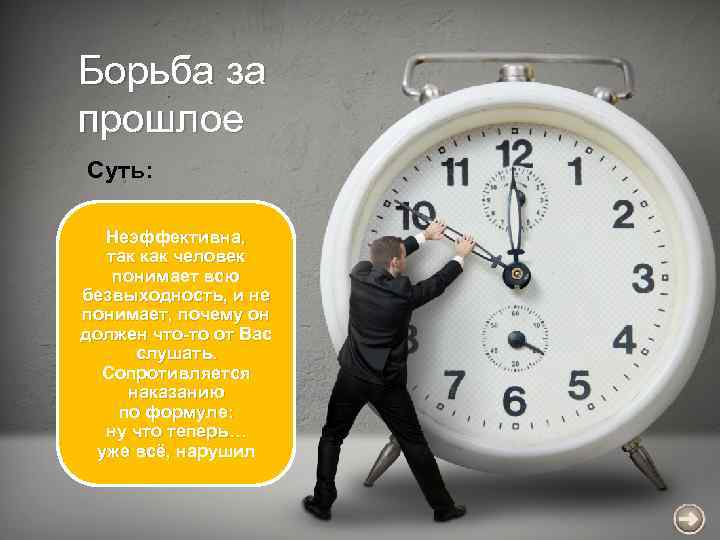 Борьба за прошлое Суть: Неэффективна, так как человек понимает всю безвыходность, и не понимает,