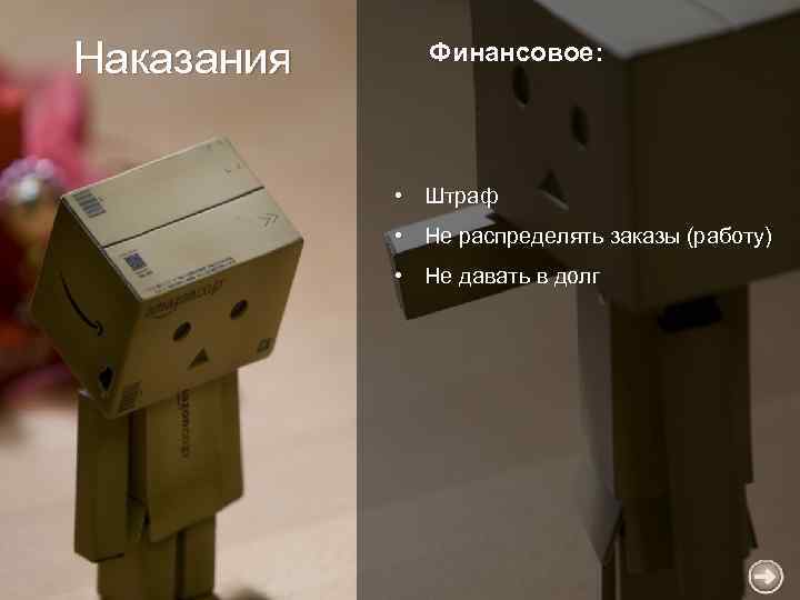 Наказания Финансовое: • Штраф • Не распределять заказы (работу) • Не давать в долг