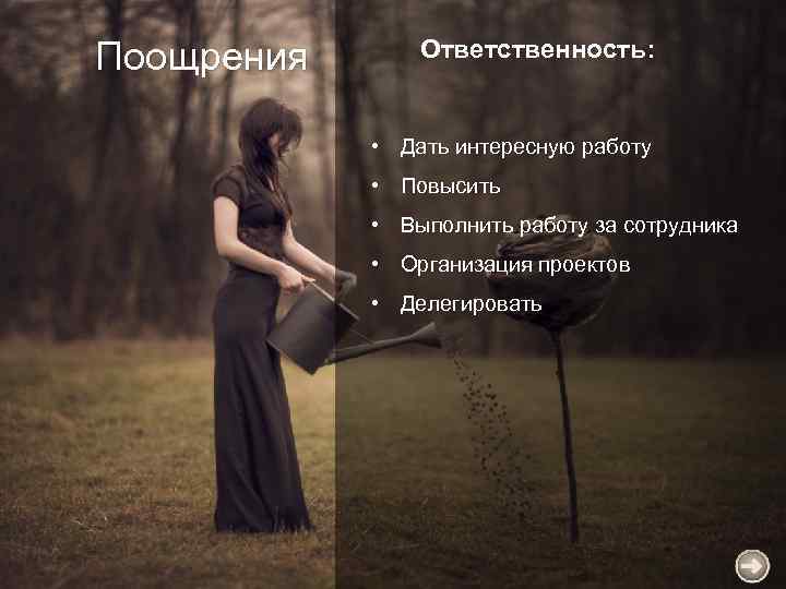 Поощрения Ответственность: • Дать интересную работу • Повысить • Выполнить работу за сотрудника •