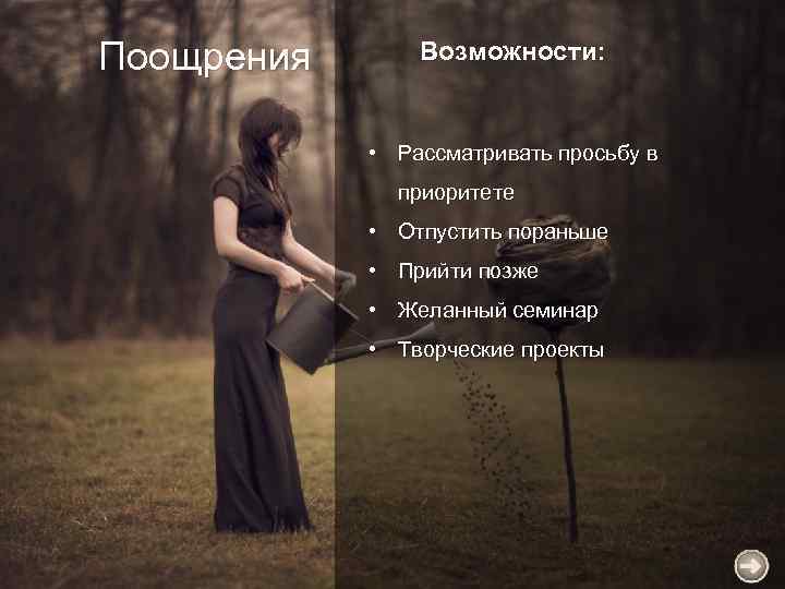 Поощрения Возможности: • Рассматривать просьбу в приоритете • Отпустить пораньше • Прийти позже •