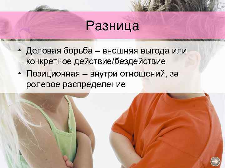 Разница • Деловая борьба – внешняя выгода или конкретное действие/бездействие • Позиционная – внутри