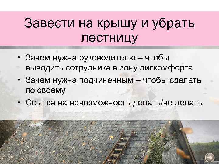 Завести на крышу и убрать лестницу • Зачем нужна руководителю – чтобы выводить сотрудника