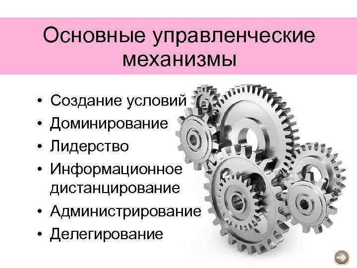 Основные управленческие механизмы • • Создание условий Доминирование Лидерство Информационное дистанцирование • Администрирование •