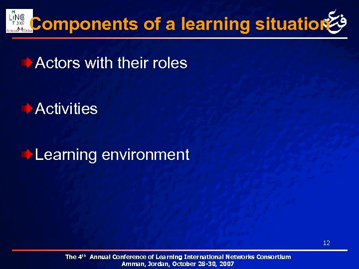 Components of a learning situation Actors with their roles Activities Learning environment 12 The