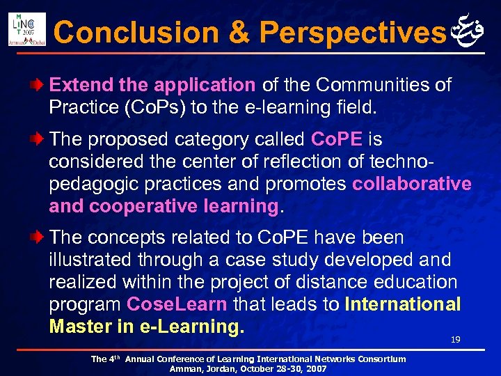 Conclusion & Perspectives Extend the application of the Communities of Practice (Co. Ps) to