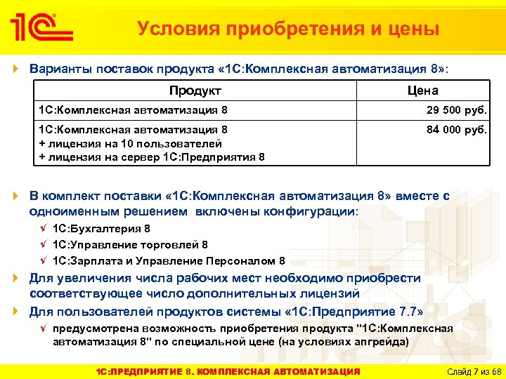Условия приобретения и цены Варианты поставок продукта « 1 С: Комплексная автоматизация 8» :