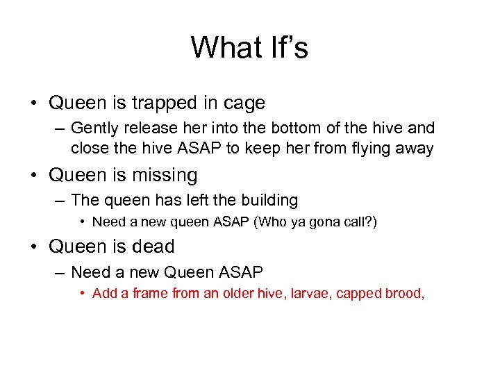 What If’s • Queen is trapped in cage – Gently release her into the