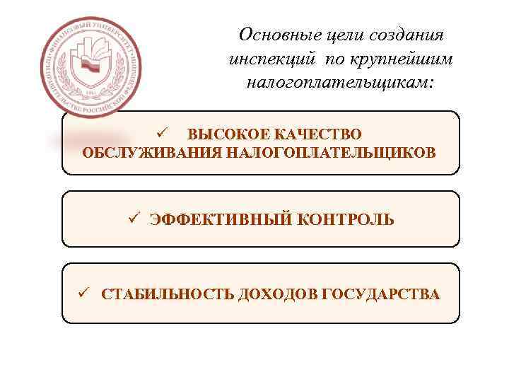 Основные цели создания инспекций по крупнейшим налогоплательщикам: ü ВЫСОКОЕ КАЧЕСТВО ОБСЛУЖИВАНИЯ НАЛОГОПЛАТЕЛЬЩИКОВ ü ЭФФЕКТИВНЫЙ