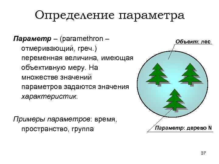 Определение параметра Параметр – (paramethron – отмеривающий, греч. ) переменная величина, имеющая объективную меру.