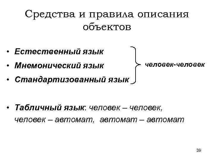 Средства и правила описания объектов • Естественный язык • Мнемонический язык человек-человек • Стандартизованный