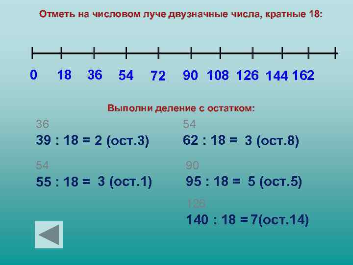 Отметь на числовом луче двузначные числа, кратные 18: 0 18 36 54 72 90