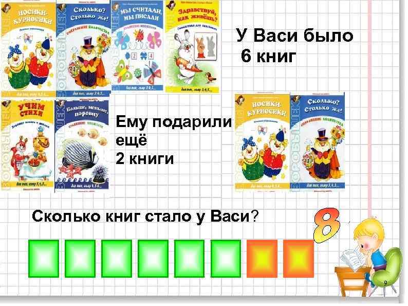 У Васи было 6 книг Ему подарили ещё 2 книги Сколько книг стало у