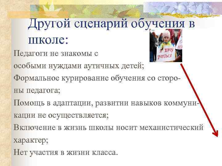 Другой сценарий обучения в школе: Педагоги не знакомы с особыми нуждами аутичных детей; Формальное