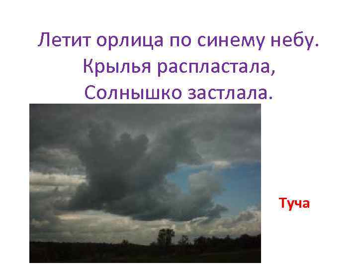 Летит орлица по синему небу. Крылья распластала, Солнышко застлала. Туча 