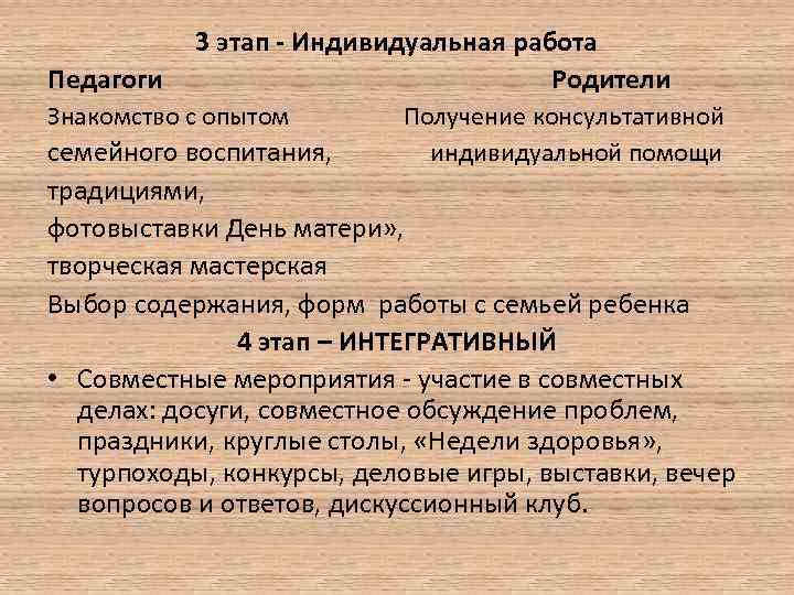 Педагоги 3 этап - Индивидуальная работа Родители Знакомство с опытом Получение консультативной семейного воспитания,