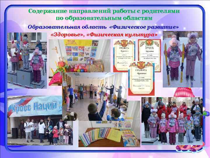 Содержание направлений работы с родителями по образовательным областям Образовательная область «Физическое развитие» «Здоровье» ,