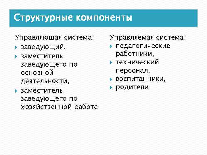 Структурные компоненты Управляющая система: заведующий, заместитель заведующего по основной деятельности, заместитель заведующего по хозяйственной