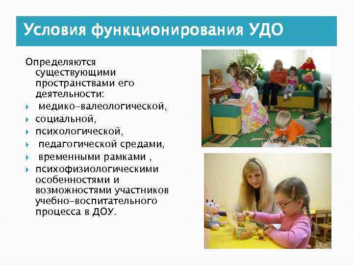 Условия функционирования УДО Определяются существующими пространствами его деятельности: медико-валеологической, социальной, психологической, педагогической средами, временными