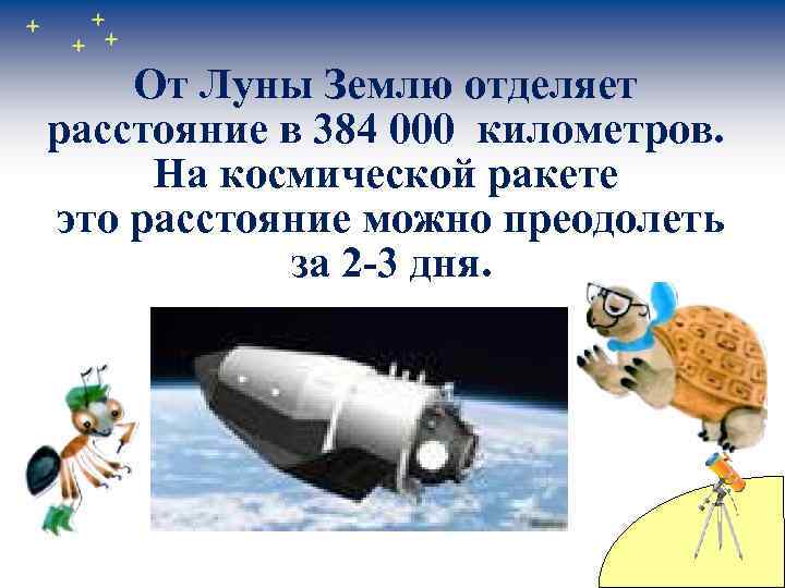 От Луны Землю отделяет расстояние в 384 000 километров. На космической ракете это расстояние