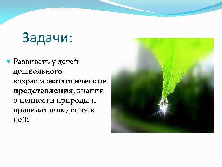 Задачи: Развивать у детей дошкольного возраста экологические представления, знания о ценности природы и правилах