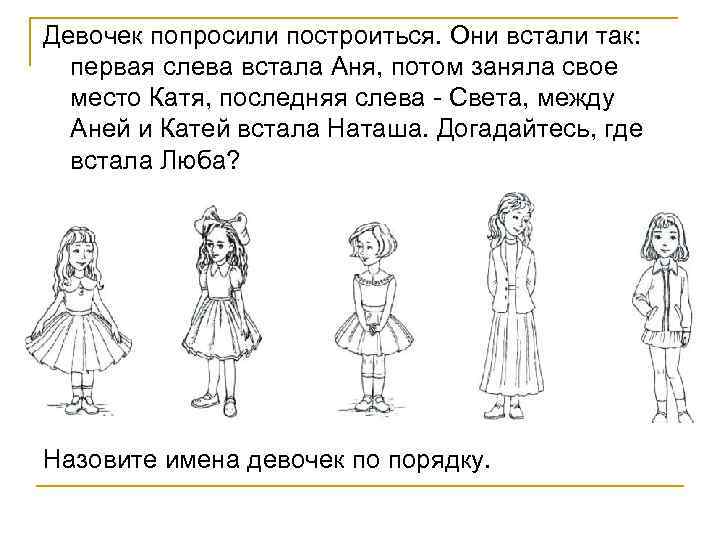 Девочек попросили построиться. Они встали так: первая слева встала Аня, потом заняла свое место