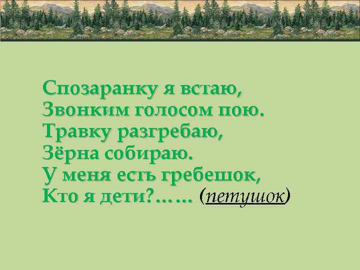 Спозаранку я встаю, Звонким голосом пою. Травку разгребаю, Зёрна собираю. У меня есть гребешок,