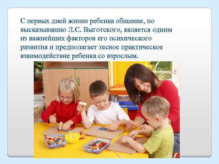 С первых дней жизни ребенка общение, по высказыванию Л. С. Выготского, является одним из