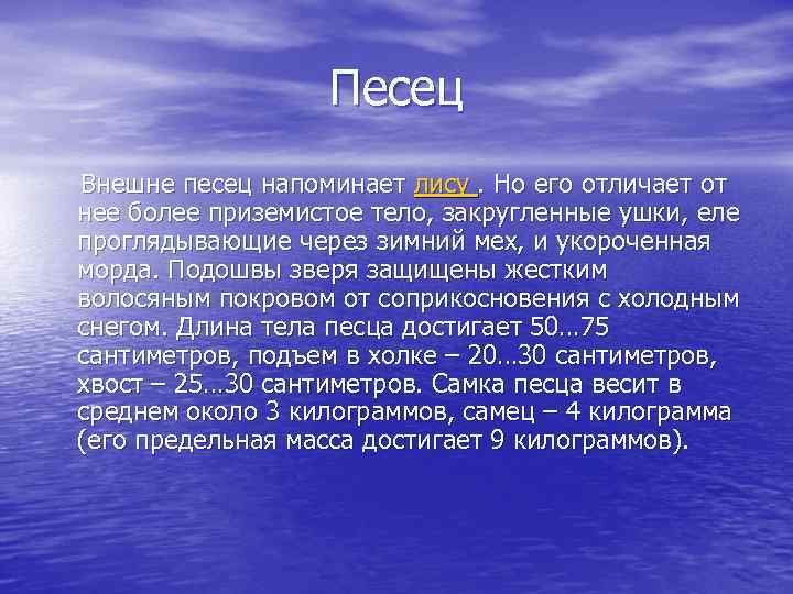 Песец Внешне песец напоминает лису. Но его отличает от нее более приземистое тело, закругленные