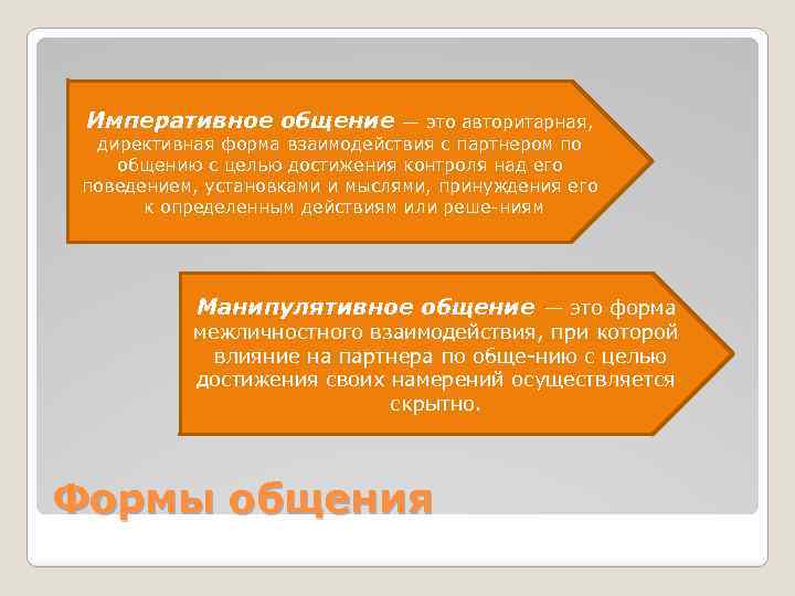 Императивное общение — это авторитарная, директивная форма взаимодействия с партнером по общению с целью