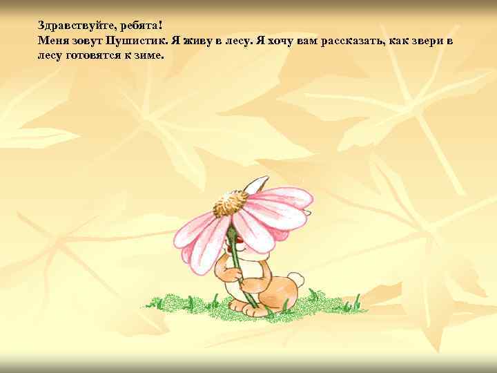 Здравствуйте, ребята! Меня зовут Пушистик. Я живу в лесу. Я хочу вам рассказать, как